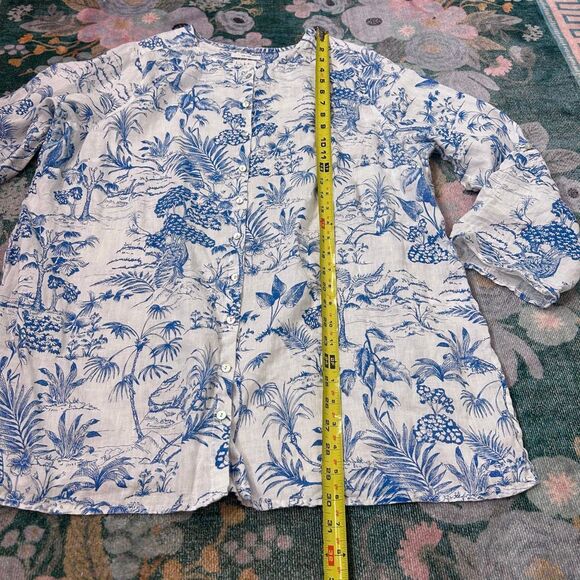 Nicole Miller Blouse Tunic 1X Blue White Linen Floral Long Sleeve Button Toile - Picture 7 of 16